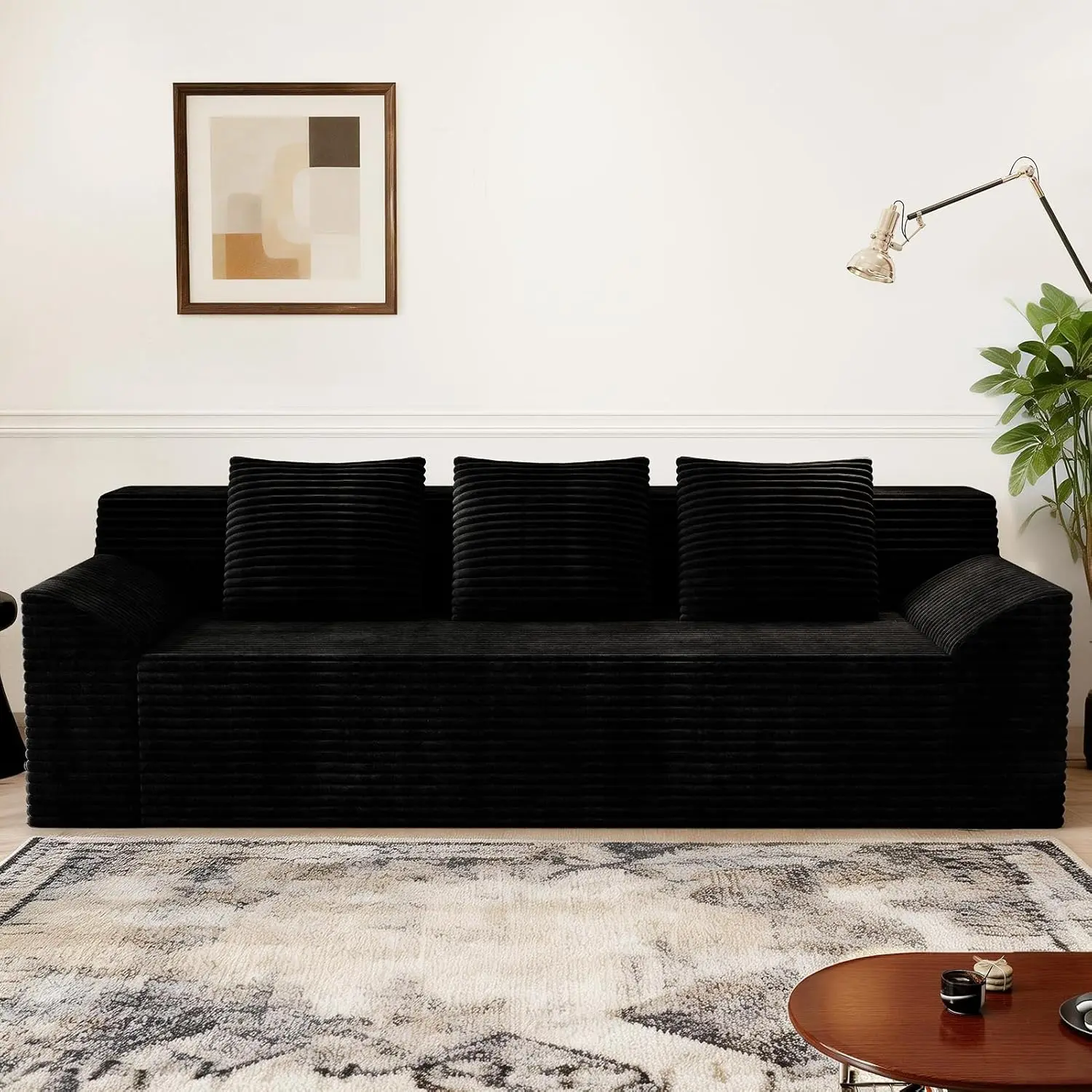 71" Corduroy Sofa Couch for Living Room, 3 Setaser Deep Seat Couch with 3 Lumbar Pillows, Comfy Boneless Sofa Modern Compressed Couch for Bedroom, Office, Apartment, No Assembly, Curved Armrests (Black)