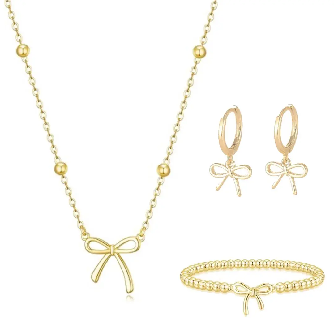Gold  Bow Jewelry Set – Cute Huggie Hoop Earrings, Dainty Choker Necklace & Stackable Beaded Bracelets for Women Girls, Hypoallergenic Cubic Zirconia Pearl Gifts for Birthday Wedding ﻿