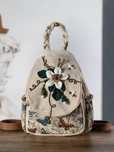 Boho Style Flower Embroidered Backpack, Casual Backpack with Adjustable Strap, Lightweight Washable Backpack for Women & Girls