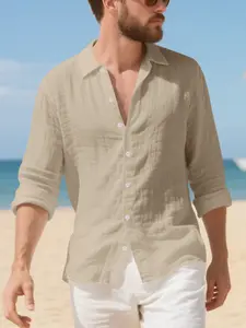 Men's linen long-sleeved shirt - lightweight and breathable fabric, classic collar and button-front design, loose fit. Perfect for beach vacations, seaside outings and daily casual wear.