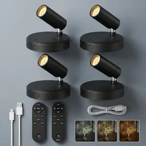 4-Pack Black Wireless Rechargeable LED Indoor Spotlights, 5500mAh Remote-Controlled 3CCT Dimmable Mini Lights with Timer Mode, Indoor Uplighting for Paintings, Led Lights