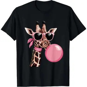 Cotton Giraffe Graphic Tee with Pink Bubble Gum and Sunglasses Perfect for Summer