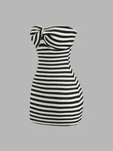 Women's Colorblock Striped Backless Sleeveless Knit Crop Top Mini Dress, Elegant Summer Fashion, Slim Fit, Perfect for Warm Weather