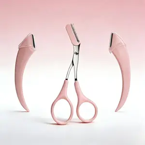 2 Curved Eyebrow Razors + 1 Cosmetic Scissors + Eyebrow Facial Trimmer, Cosmetic Makeup Tool, Safe Imported Steel, Salon-Quality Shaping, Pink Beauty Tool for Bathroom Use