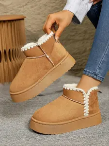 Women's Solid Color Plush Lining Snow Boots, Casual Warm Ankle Boots for Fall & Winter, Female All-match Round Toe Shoes for Daily Wear, Girl, Footwear