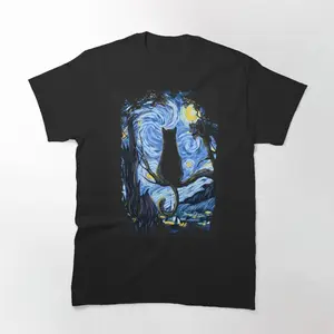 Vann Goghh Cat Starryy Night Lovers Classic Graphic Tee T-shirt - Unisex Streetwear Sport Style, Vintage Baseball Shirt, Gift for Women, Gift for  Men