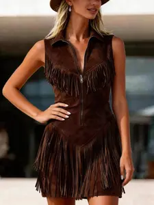 Women's Western Style Fringe Suede Dress, Front Zipper Design, Sleeveless Collar Retro Western Bohemian Fashion, Perfect for Summer Festive Wear, Womenswear, Casual Wear