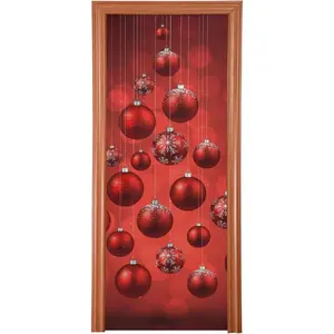 Door Cover Decoration Party Accessory Porch Decor for Festive Ornament Indoor Outdoor Covering 35 x 79 Inch Red Christmas Balls