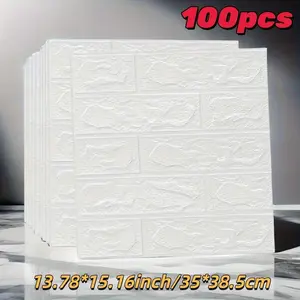 100 Pieces 3D Foam Wall Tiles, Self-Adhesive, Easy to Clean, Perfect for Kitchen Bathroom Living Room Bedroom Decor, with Texture