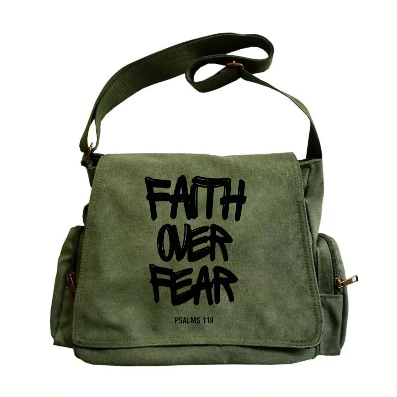 Women’s Bible Verse Canvas Crossbody Bag — Large Capacity, Adjustable Shoulder Strap, Flip Cover Retro Design, “Faith Over Fear” Print, Perfect for Travel and Shopping, an Excellent Gift Choice.