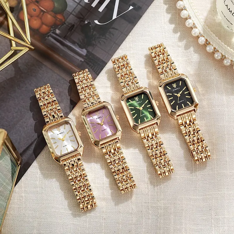 4Pcs Gold Square Watch Set for Women | Multi-Color Dial Minimalist Watches