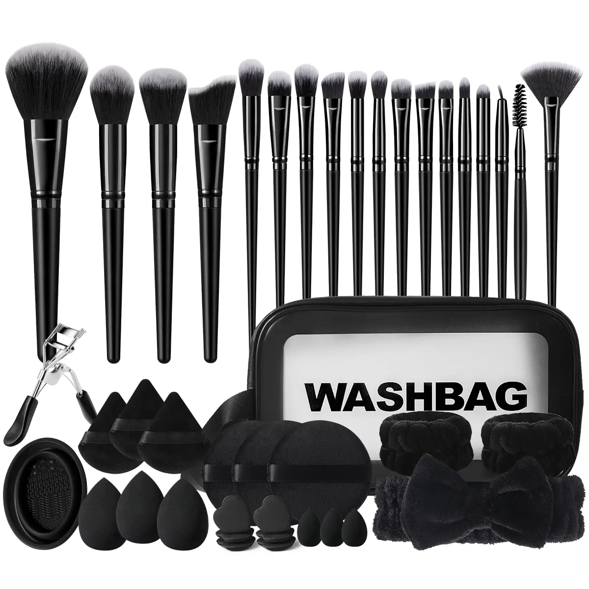 42-Piece Makeup Brush Set with Storage Bag + 3PCS Waterproof Travel Toiletry Set + Practical Cleaning Bowl + 18PCS Triangular & Circular Velvet Powder Puffs + Professional Stainless Steel Eyelash Curler – Ideal for Daily Makeup, Flawless, Durab, Durable,