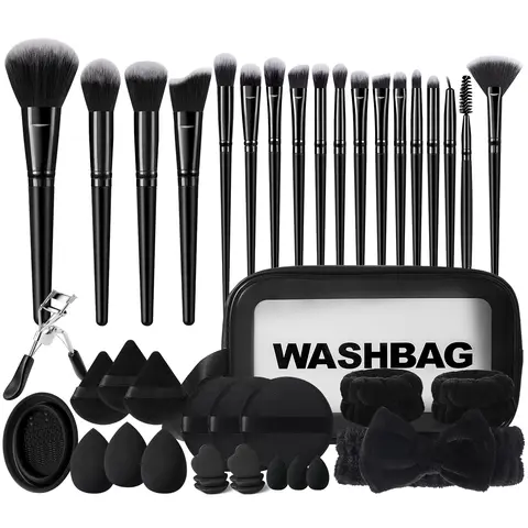 42-Piece Makeup Brush Set with Storage Bag + 3PCS Waterproof Travel Toiletry Set + Practical Cleaning Bowl + 18PCS Triangular & Circular Velvet Powder Puffs + Professional Stainless Steel Eyelash Curler – Ideal for Daily Makeup, Flawless, Durab, Durable,,