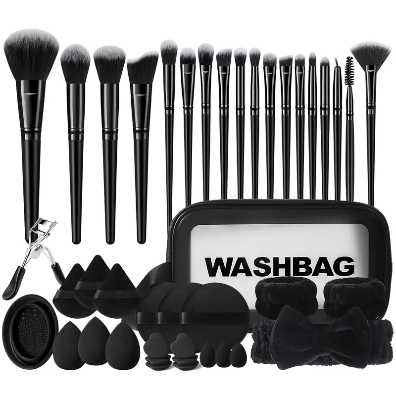 42-Piece Makeup Brush Set with Storage Bag + 3PCS Waterproof Travel Toiletry Set + Practical Cleaning Bowl + 18PCS Triangular & Circular Velvet Powder Puffs + Professional Stainless Steel Eyelash Curler – Ideal for Daily Makeup, Flawless, Durab, Durable,,