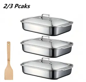 3PCS Stainless Steel Baking Pans with Lids - Non-stick rectangular roasting pan, versatile dessert baking dish, double-handled grill rack, seafood tray, all-in-one BBQ serving platter suitable for buffets