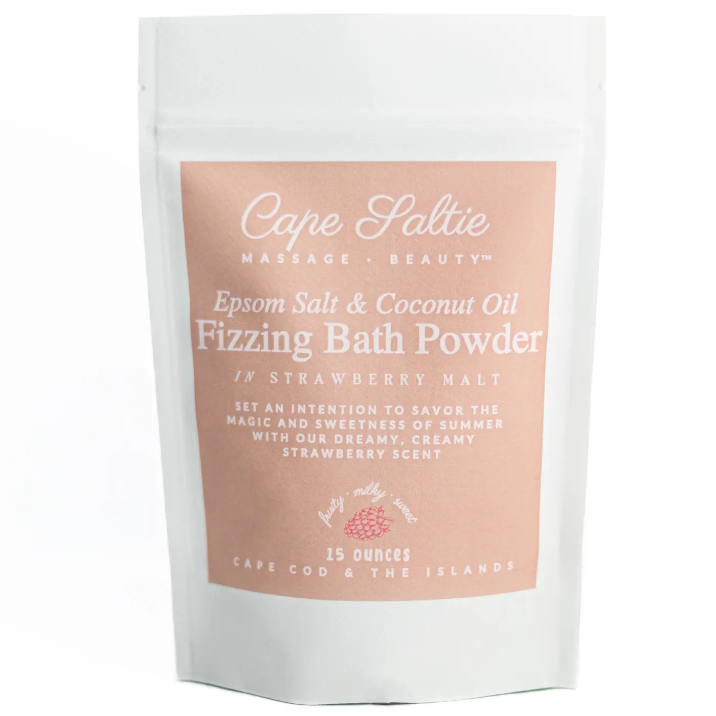 "Strawberry Malt" Vegan, Epsom Salt & Coconut Oil Fizzing Bath Powder, 15oz. — Fruity, Milky, Sweet.