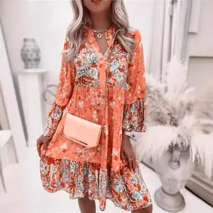 Women Casual Dress Boho V Neck 3/4 Sleeve Babydoll Floral Print Flowy Beach Dress