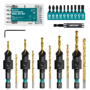Libraton Countersink Drill Bit Set, 22 PCS Wood Counter Sink Drill Bit Adjustable, #4, #6, #8, #10, #12, Magnetic Drill Bit Holder Extension for Woodworking, Screwdriver Bits with Storage Box