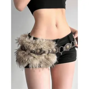 Boho Vintage patchwork inlaid belt, artificial fur, antique copper rivets, elegant and sexy, very suitable for gatherings and leisure