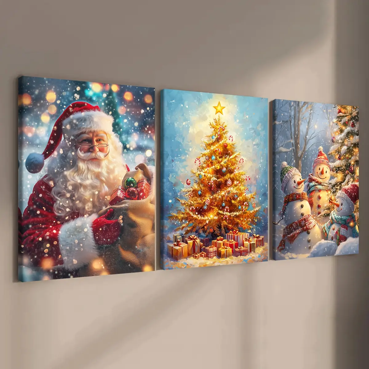 Happy Santa Claus, Christmas Tree, Christmas Snowman, Christmas Decoration Poster, Party Mural, 3 Counts Modern Art Wall Decoration, Home Decoration Poster, Office, Living Room, Bedroom Wall Decor, Ideal Gift, Waterproof Art