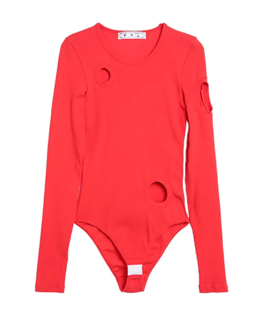 Off-White Ribbed Cotton Bodysuit - Red, Crew Neck, Scoop Neck, Seamless, Long Sleeve, Second-Skin Fit, Circular Cutouts, Geometric Open Cuts, Jersey Fabric, Chic, Minimalist, Casual, Fashion Piece, Daily Streetwear Top | Sports & Outdoor Clothing