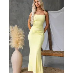 SYHAN 2026 Latest A Stunning And Alluring Yellow Spaghetti Strap Dress Featuring a Crisscross Back, Designed to Fit Perfectly. This Elegant And Sexy Outfit Is Ideal for Dates, Parties, And Vacations sorority formal