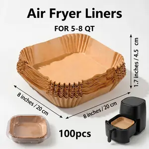 100 square air fryer liners, 8 inches, nonstick, square; thick double-sided silicone oil paper liners for single-use baking, suitable for 5–8 quarts (approx. …)/4.7–7.6 L air fryers; baking supplies, kitchen supplies, cookware; food trays (8×8 inches/20×2