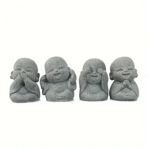 Four-Piece Bluestone Cute Little Monk Statue Set: Outdoor Garden Decor for Potted Plants, Courtyards, and Tea Pet Collections