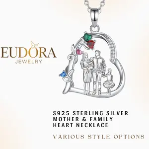 Heart-Shaped Family Necklace with Sparkling CZ, S925 Sterling Silver Family Bonds Pendant Necklace, Cherish the Precious Parent-Child Bond