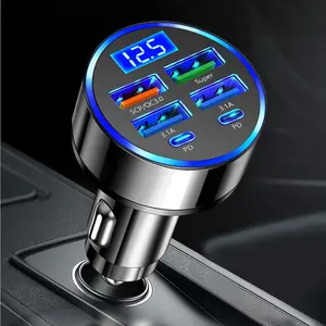 6-in-1 Car Charger with Digital Display & Atmosphere Light - Fast Charging Adapter for Multiple devices(4USB+ 2*PD) -  Portable Flash Charging Charger Car Accessories