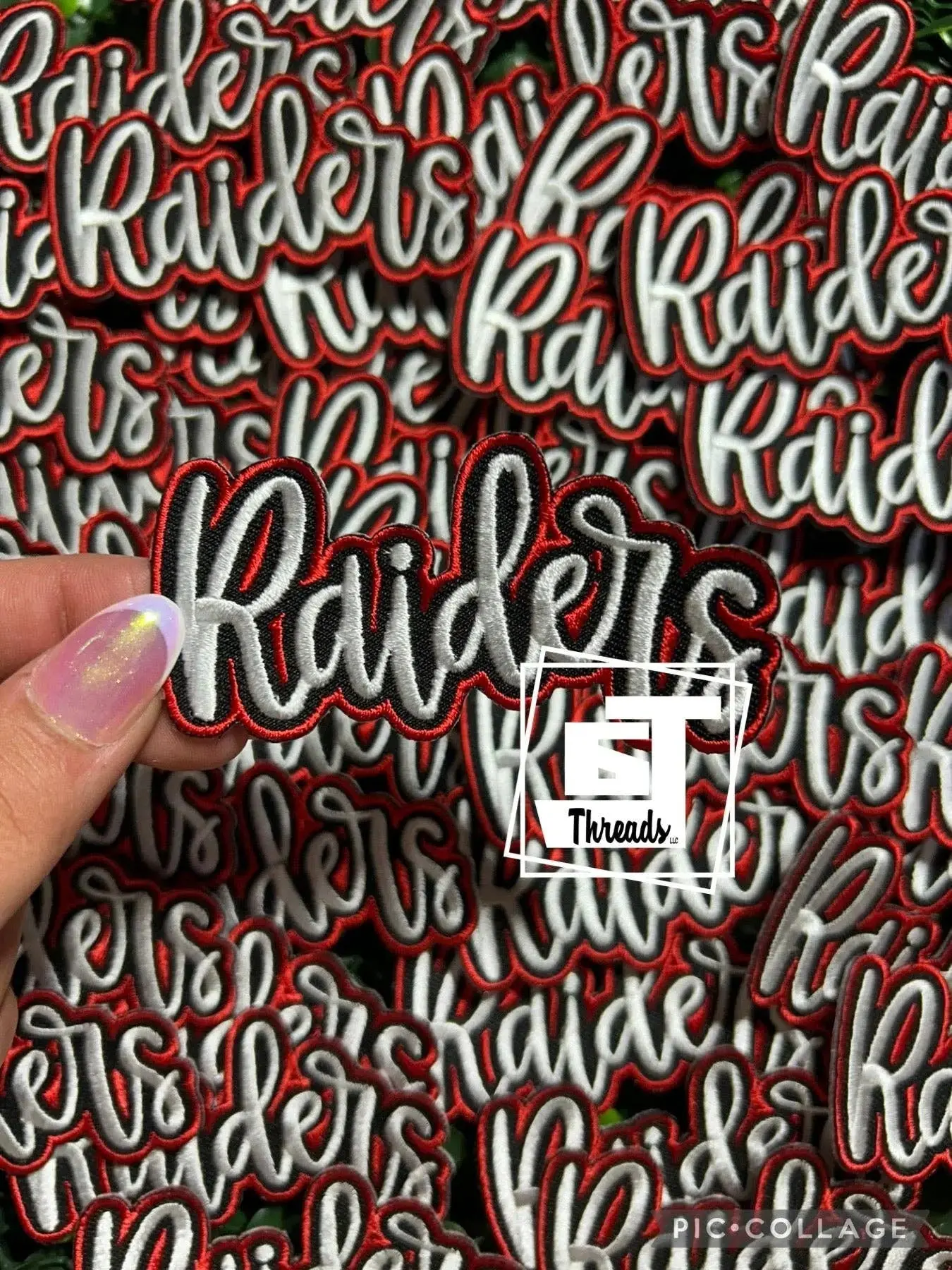 Red and Black Cursive Raiders Hat Patch