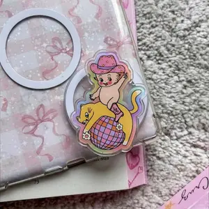 Cat Cowgirl Kewpie MagSafe Phone Grip, Pink Disco Ball Griptok, Retro Pastel Rainbow Phone Stand, Cute Vintage Western Aesthetic Gift
