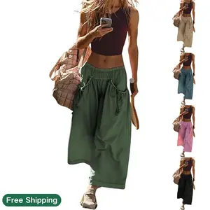 SCUSTY Women's Loose Wide Leg Track Pants Drawstring Pockets Elastic Waist Capri Hiking Pants Womenswear