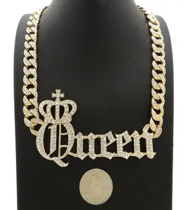 MaxBling81 Women's Unisex Hip Hop Queen Iced Cubans Jewelry - 10mm Iced Cuban Chain, Crowned QUEEN CZ Pendant Necklace, Daily Wear, Multiple Lengths (18in, 20in, 24in)