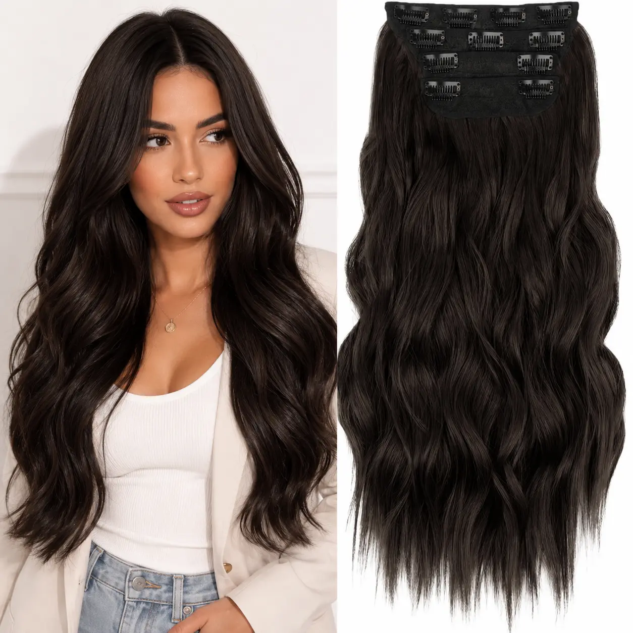 Plodon Invisible Seamless Clip-In Hair Extensions, 4PCS Synthetic Hairpieces (24/20/16in) - Lightweight Flat-Fitting Toppers for Women's Fine Thin Hair to Add Natural Volume, Clip-In Short Synthetic Extensions & Pieces, Hair Synthetic Extensions & Pieces