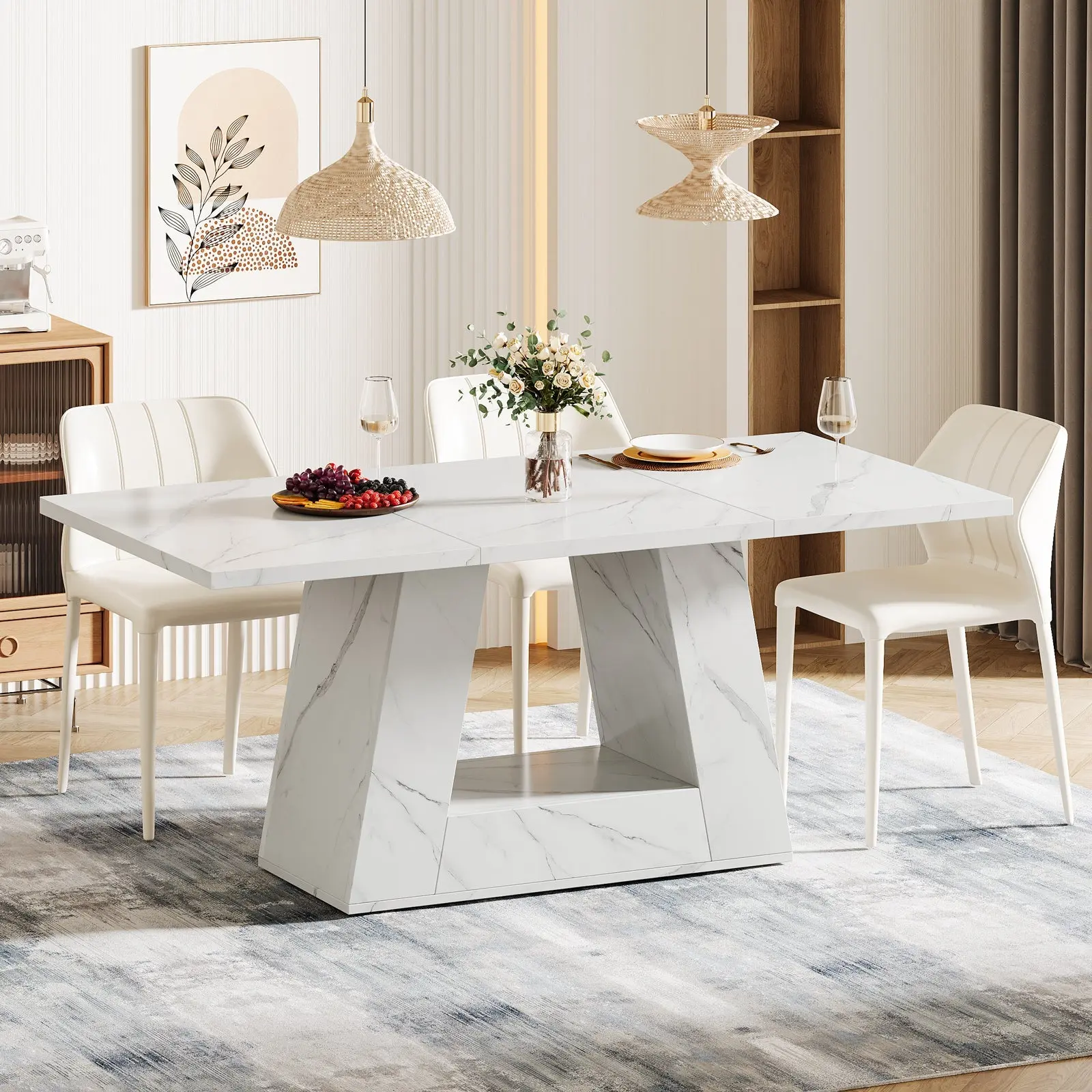 Spaco 63 Inch Modern Dining Table for 4-6 People - Rectangular Faux Marble & Wood Kitchen Table with Sturdy Base, Stylish Dinner Table for Dining Room & Living Room