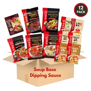 HAIDILAO Hot Pot Soup Base & Dipping Sauce Bundle 12PCS, 6 Random Soup Bases 6 Dipping Sauces, Mixed Flavor (Spicy & Non Spicy) Options for Japanese Style Sukiyaki, Tomato, Spicy, Broth, Mushroom, Green Chili, Tom Yum, Kanto, etc.