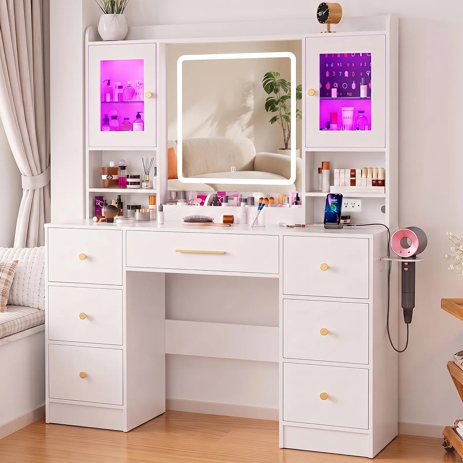 LAKEMID 7 Drawers White Vanity Table with Power Outlet, Lighting Mirror, Hair Dryer Rack, and RGB Cabinets, LED Lighted Vanity Desk Set light up Large sound sync Dimmable makeup Vanity Table Makeup Makeup Vanity Glass