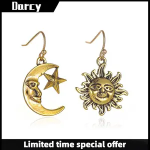 Retro distressed personality asymmetrical sun and moon earrings fashion trend punk niche girls accessories