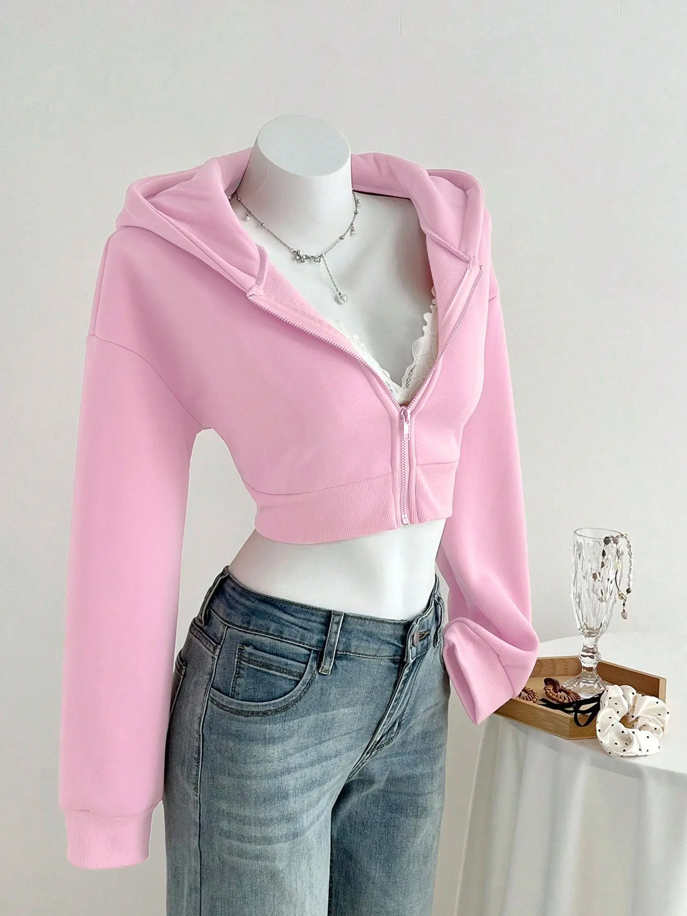 Women's Pink Solid Knitted Cropped Hoodie Sweatshirts, Y2K Style Aesthetic Zipper Front Pullover with Drawstring, Cute Short Jacket for Spring Streetwear and Casual Layered Outfits, Fashion Womenswear