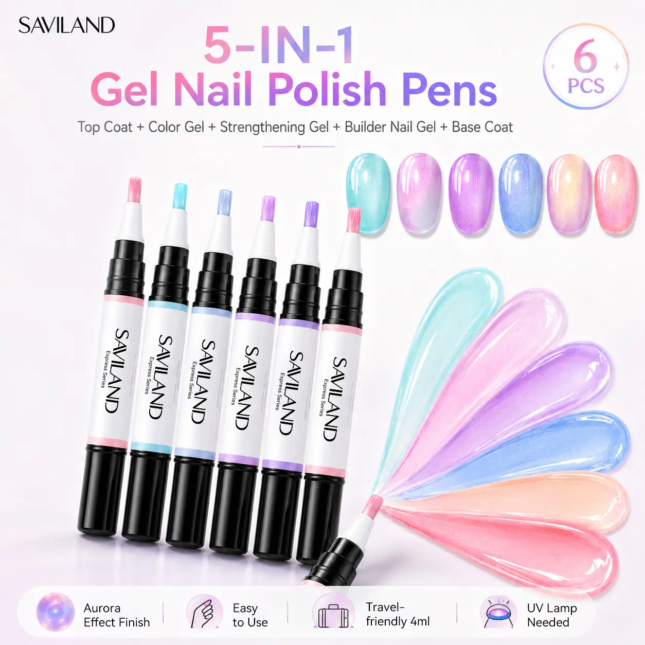 SAVILAND 5-in-1 Cat Eye Gel Nail Polish Pen, Aurora Effect Gel Nail Pen with Base, Color & Top Coat in One, Easy Apply UV/LED Curing Gel Polish Pen, Travel-Friendly for DIY Nail Art, Glossy Finish