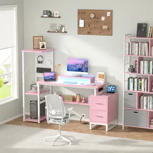 Computer Desk with 2 Fabric Drawers - Reversible Home Office Desk with Power Outlet & LED Lights, 53" Writing Desk with Monitor Stand & Storage Shelves, Gaming Desk Study Table with Pegboard