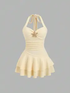 Women's New Summer Dress, Cute Beach Vacation Style, Elegant Fabric, Halter Neck, Front Pleats, Metal Decor, Layered Hem, Playful Mini Dress