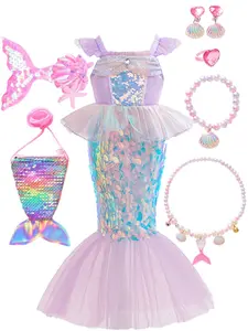 (Dress + all accessories)Children Mermaid Princess Dress Cosplay Ariel Girls Dress Kids Girls Mermaid Princess Dress, Dress Up Costume Mermaid Bow Head