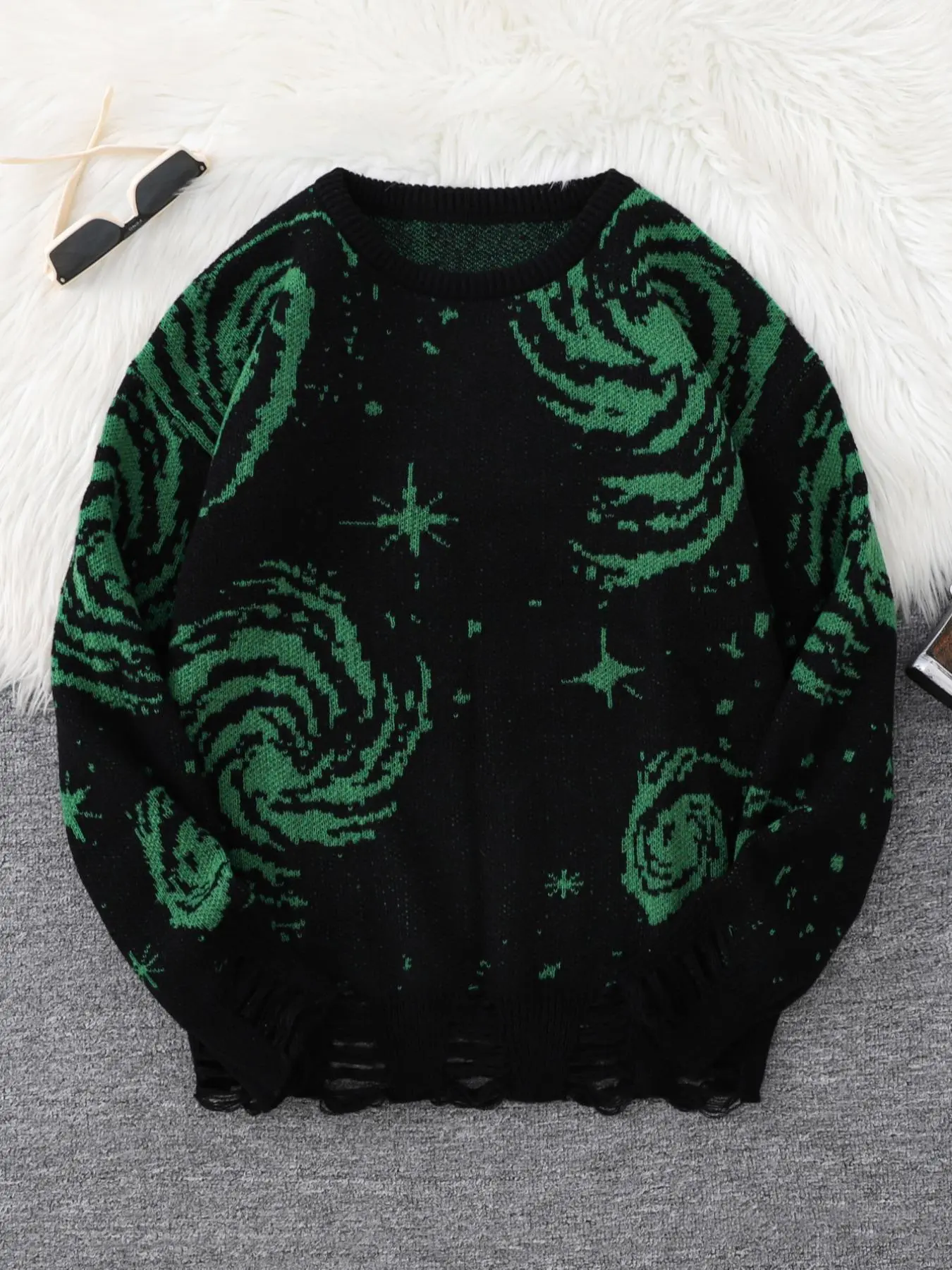 Men's Graphic Galaxy Pattern Ripped Drop Shoulder Sweater, Loose Casual Long Sleeve Round Neck Jumper for Fall & Winter, Fashion Men's Knitwear for Daily Wear, Drop Shoulder Pullover, Loose Fit Knit, Knitted Clothes