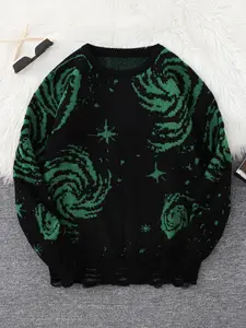 Men's Graphic Galaxy Pattern Ripped Drop Shoulder Sweater, Loose Casual Long Sleeve Round Neck Jumper for Fall & Winter, Fashion Men's Knitwear for Daily Wear
