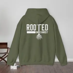 Rooted Hoodie - Olive Green with 'Rooted in Christ' Graphic - Comfortable & Stylish for Everyday Wear