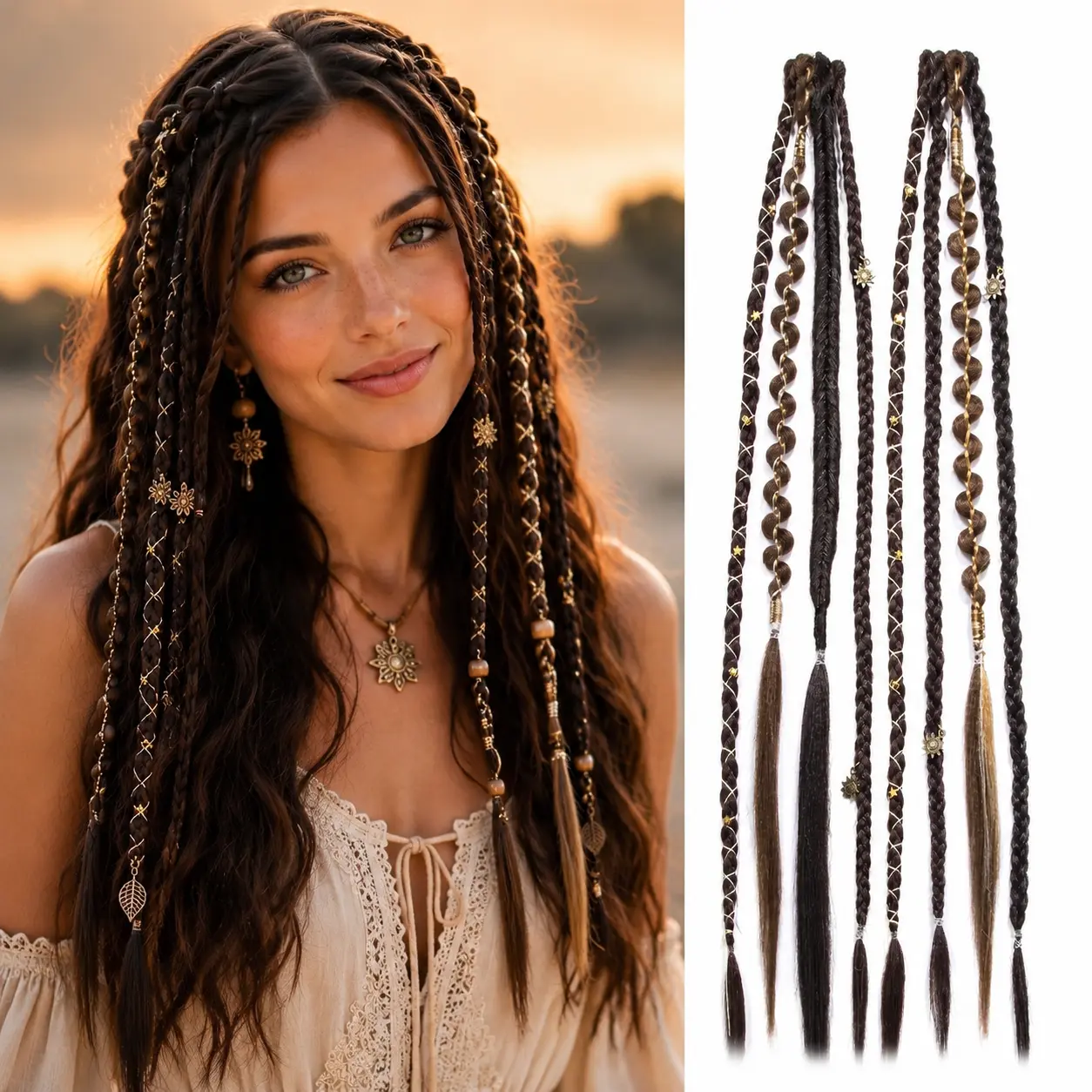 Women's 2Pcs 16" Clip-in Boho Braids & Dreadlock Extensions - 8 Strands Synthetic Hair with Beading & Charms for Cosplay, Daily Use