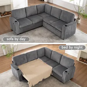 Eyisean 83.6" Corduroy Modern Modular Sectional Sofa, Oversized L Shaped 5-Seater Cloud Couch with Cup Holders & USB Ports, Convertible Sleeper Sofa with Pull-Out Bed & Storage Seat, Corner Couches for Living Room, Bedroom