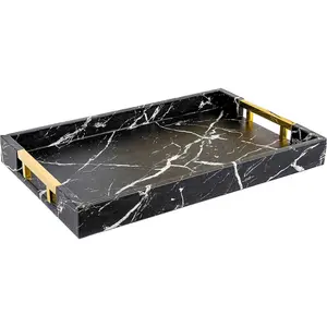 Modern Elegant 18"x12" Rectangle Black Marble Faux Leather Decorative Tray Ottoman Coffee Table Perfume Living Room Kitchen Serving Tray with Gold Polished Handles for All Occasion's